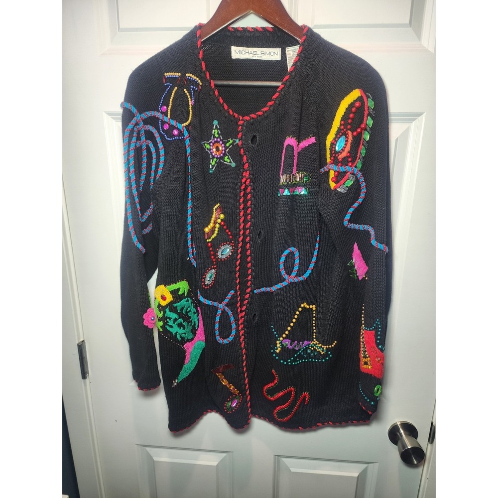 Vintage 90s Michael Simon Western Cardigan Sweater Beaded Cowboy Boots Cactus 2 - Picture 2 of 8